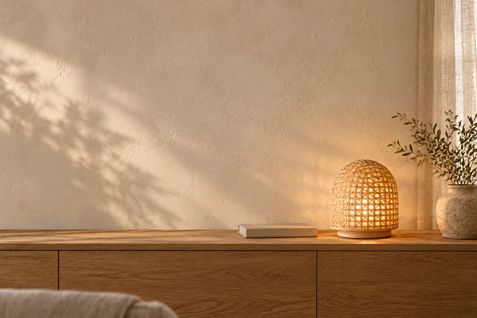Nagi Dome rattan lamp casting a soft glow across an oak table